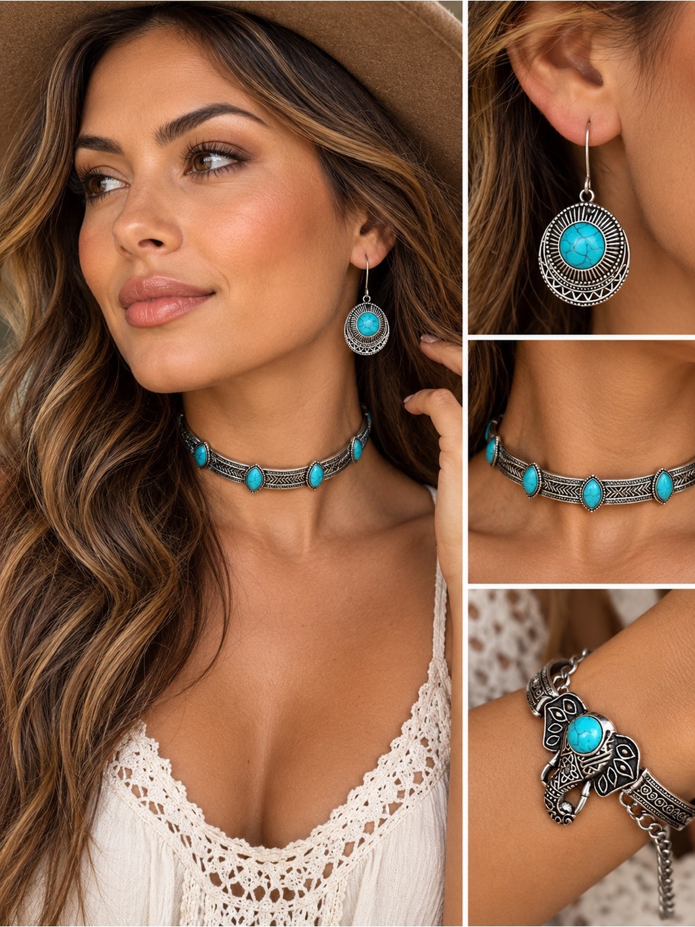 Source Unknown Turquoise Blue Stone Silver-Tone Choker & Earring Set